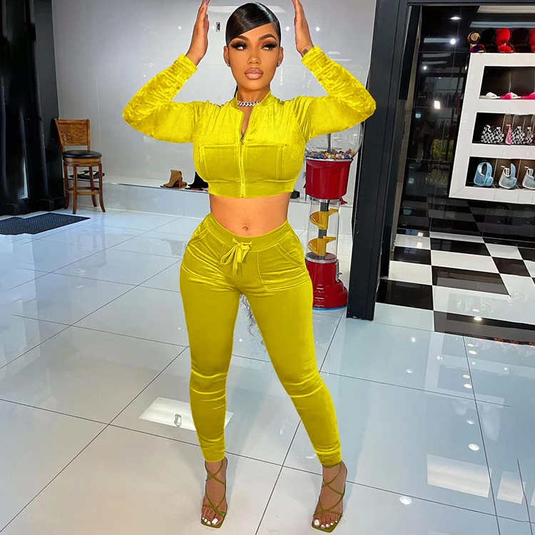 

2021 Fall Fashion Women Clothing Sexy Long Sleeve Ensemble Velvet Femme Woman Two Piece Jogger Pants Sets Outfit 2 PC Set, Yellow,black,wine red