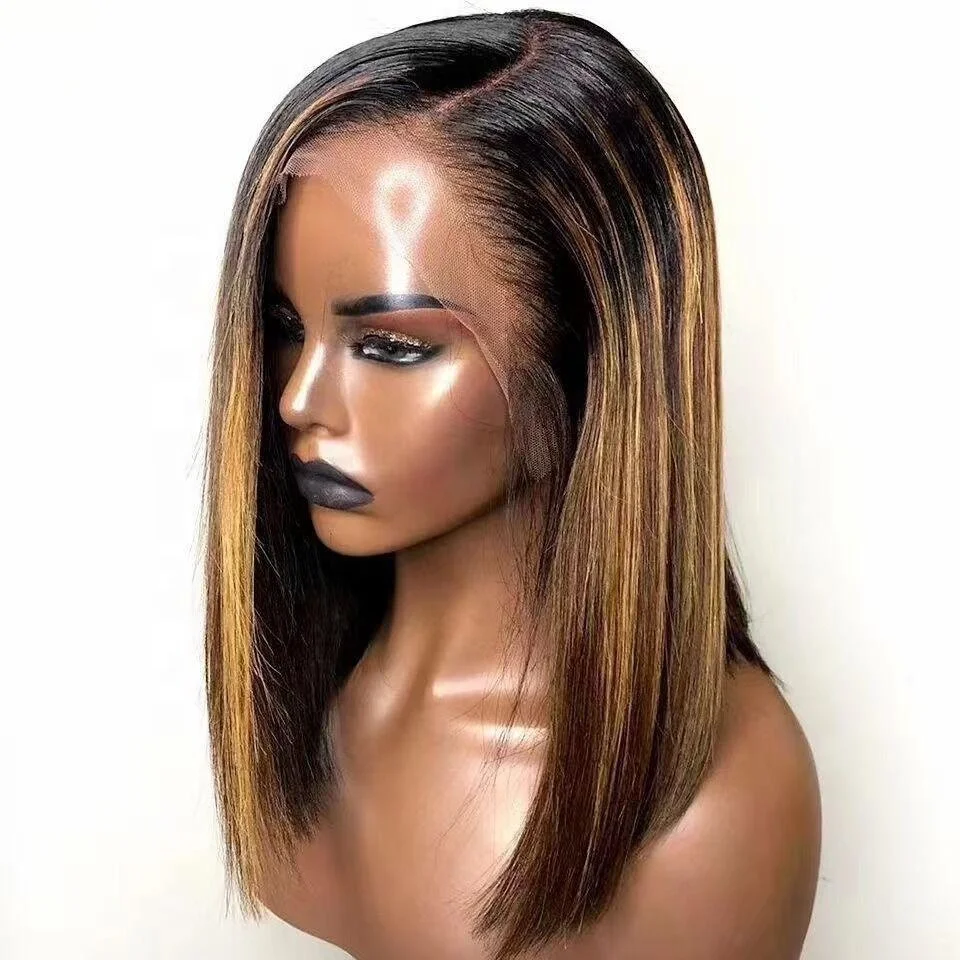 

Brown Blonde Highlighted Color Human Hair Wig Long Deep Side Parting 13x6 Lace Front Bob Wigs with Baby Hair