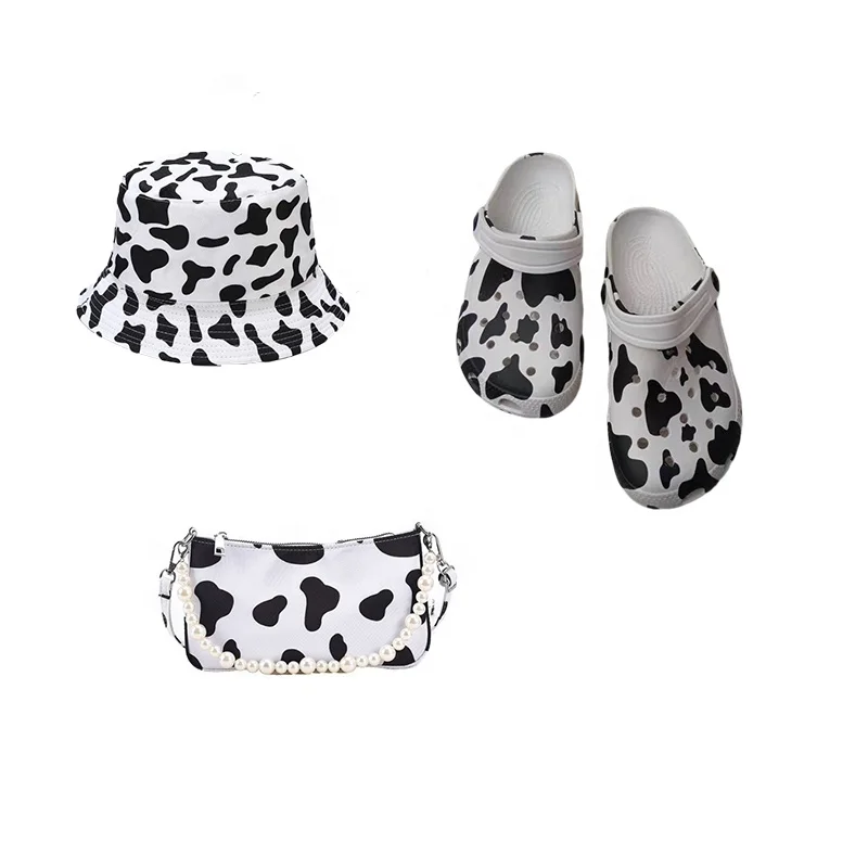 

2021 latest girls fashion Clutches Bolsas Pearl Chain purse Cow print handbags and shoe set for women sac a main, Customizable
