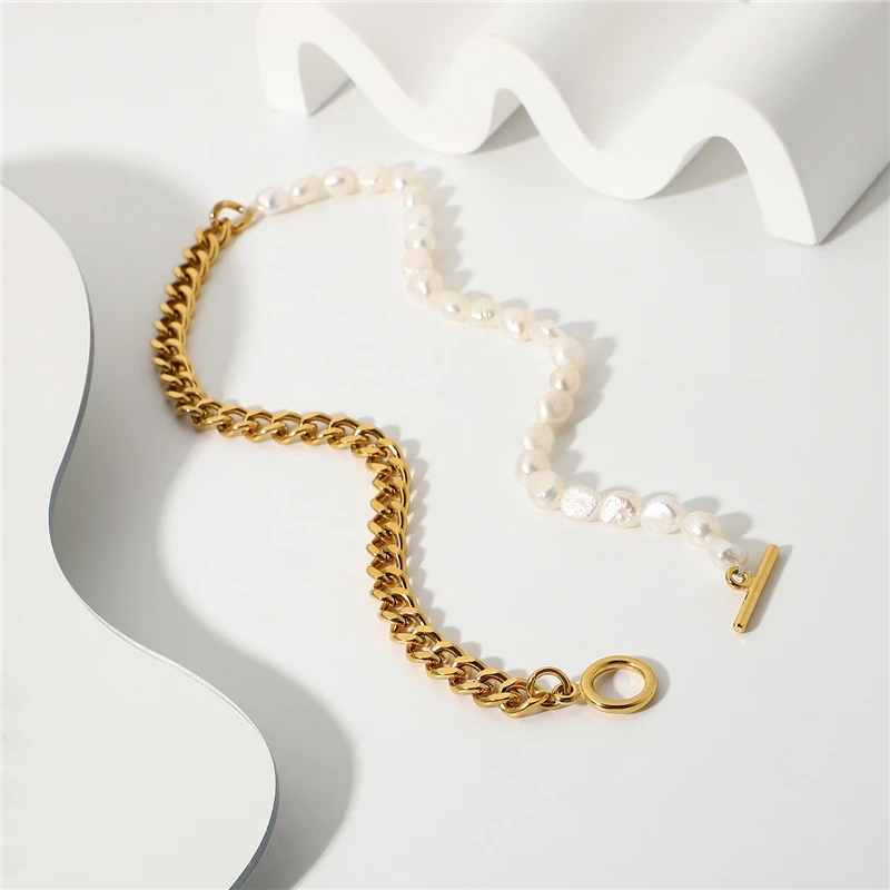 

Casual OT Buckle Pearl Cuban Chain Necklace Stainless Steel Half Cuban Chain Half Freshwater Pearl Connected Necklace
