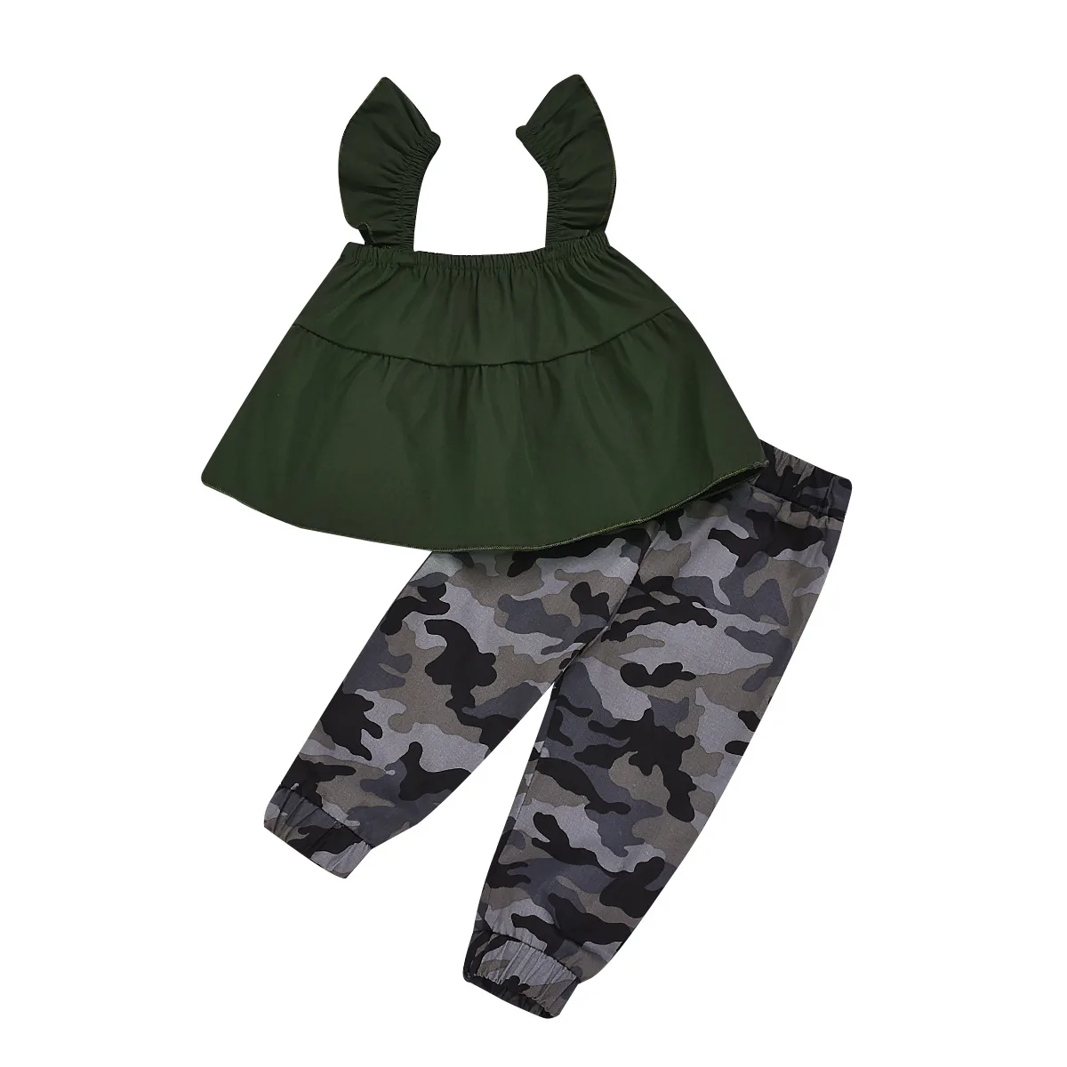 

Summer Children Clothing Set Ruffle Sling Tops Blouse Elastic Camouflage Pants