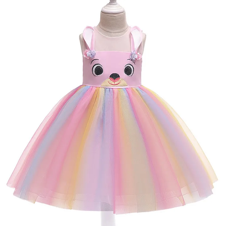 

wholesale baby wedding dress girl sleeveless cartoon colorful rainbow princess gauze dress children's birthday party clothes, Blue,pink