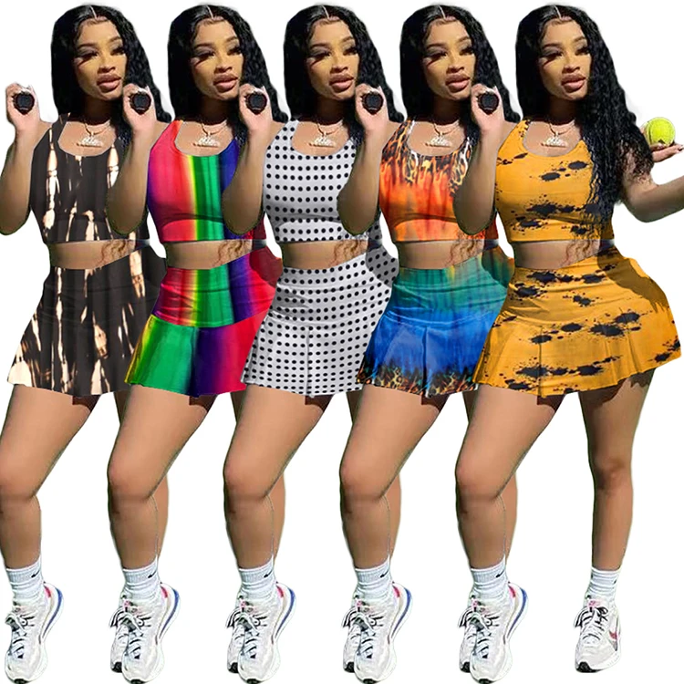 

AC8293 Fashion Vest Sports Tracksuit 2 Piece Summer Set Women Tennis Skirt Sets
