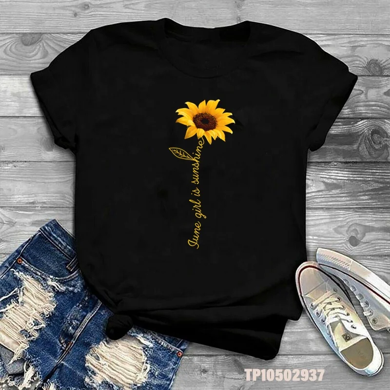 

Wholesale Womens Sunflower June July Girl Graphic Tee Tops Oversized 100% Cotton Custom Printed Woman Tshirt, Black white gray drak blue red