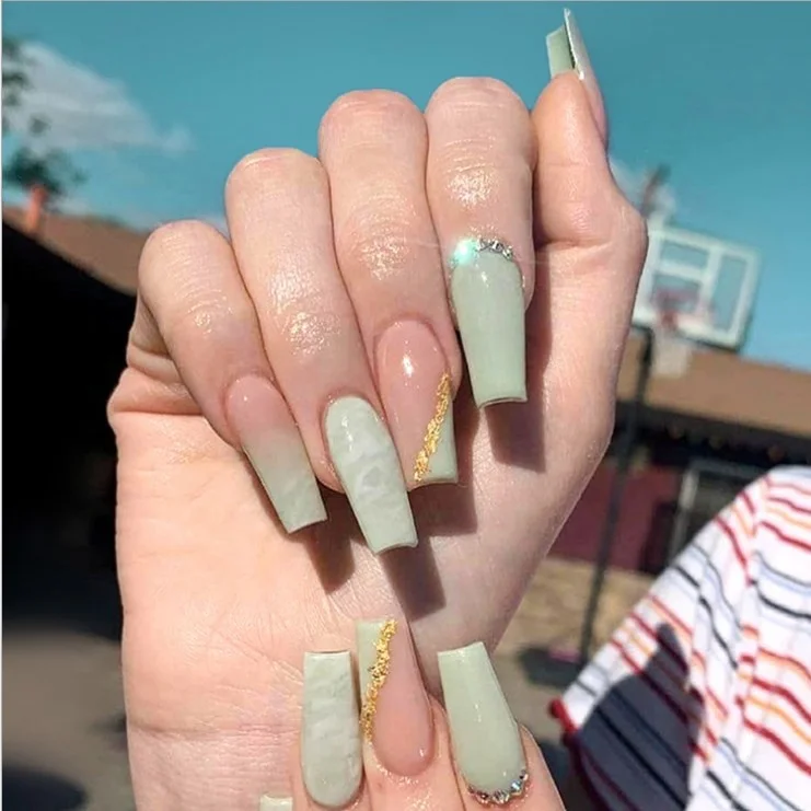 

Naixi Nails INS Trendy Long Ballerina Green Marble Gradient Gold Line French Gems Press On Nails Custom Artificial Fingernails, Natural,multi-color,customized color
