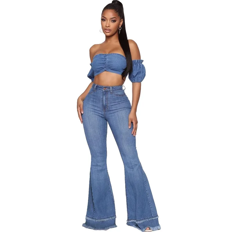 

2021 New Arrivals Womens Breast wrapping crop top Denim Blue High Waist Skinny Tassel horn Pants Denim Jeans, Spandex / cotton