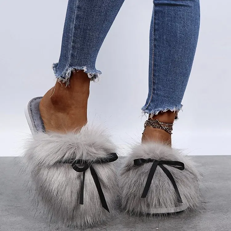 

SEASONS ladies Fur Sandals Slippers Rubber Slipper Sole Non-slip Fox Fur shoes for women, White ,black ,pink,grey