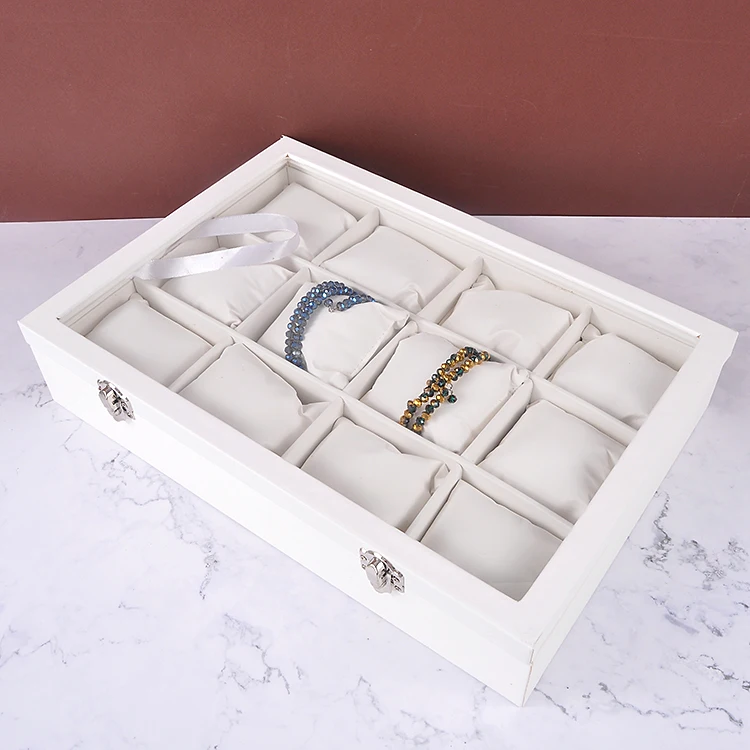 

12 Grid Bracelet Watch Box With Small Pillow White Exquisite Jewelry Storage Box Ankle Bracelet Display, Grey creamy-white linen white black
