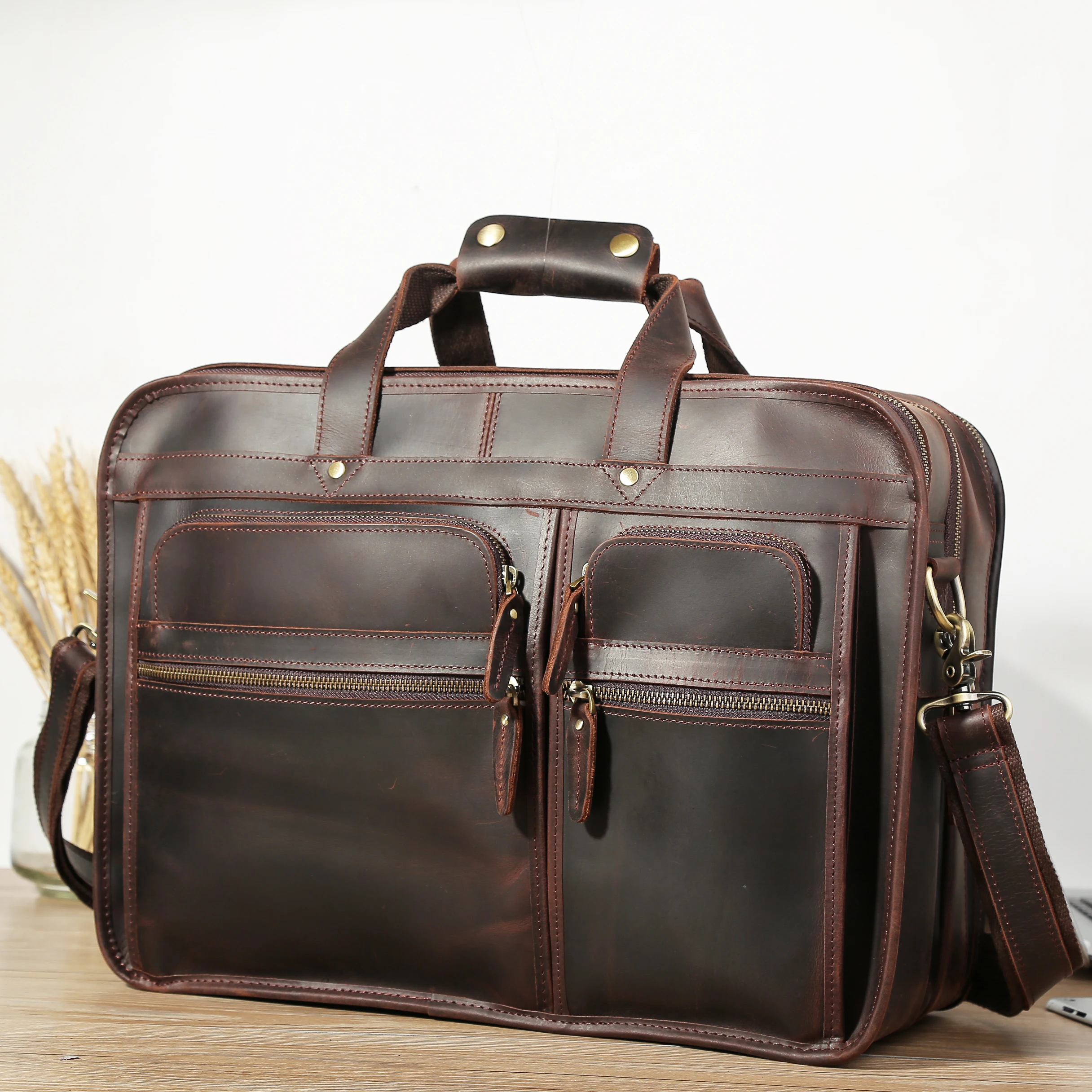 

TIDING Hot Sell Large Capacity Vintage Light Brown Retro Crazy Horse Leather Messenger Bag Men's Laptop Briefcase Bag