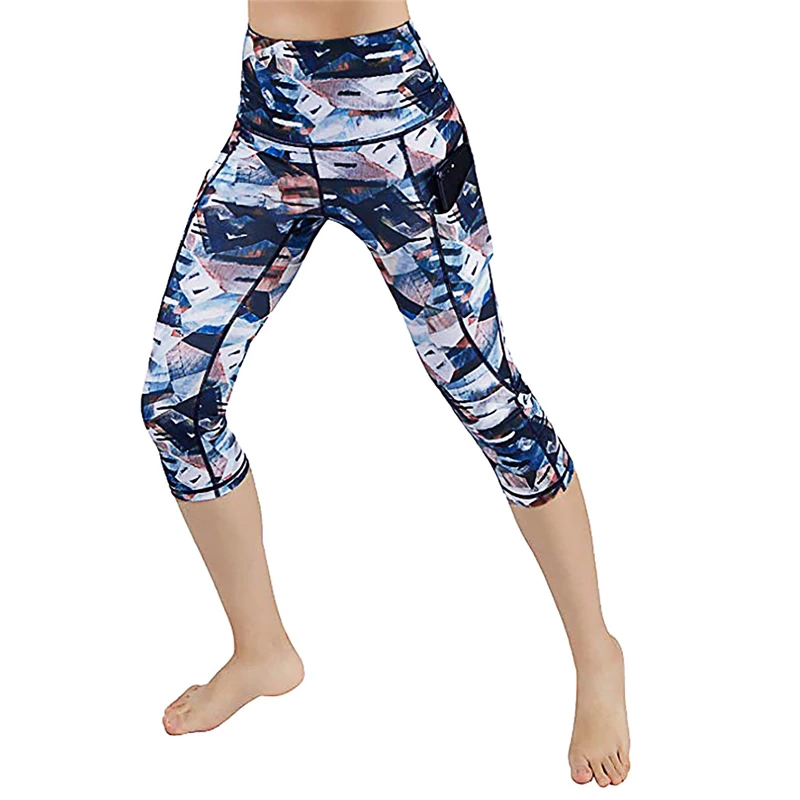 

Women's High Waist Pants Summer Plus Size Pocket Fashion Printing Yoga Leggings, Blue(other 7 colors available