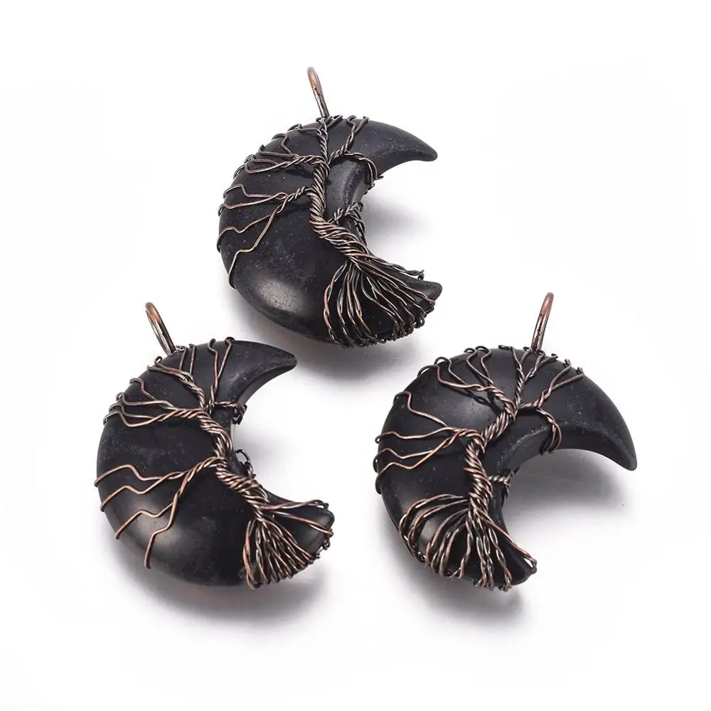 

PandaHall Brass Findings Moon Red Copper Wire Wrapped Natural Obsidian Pendants