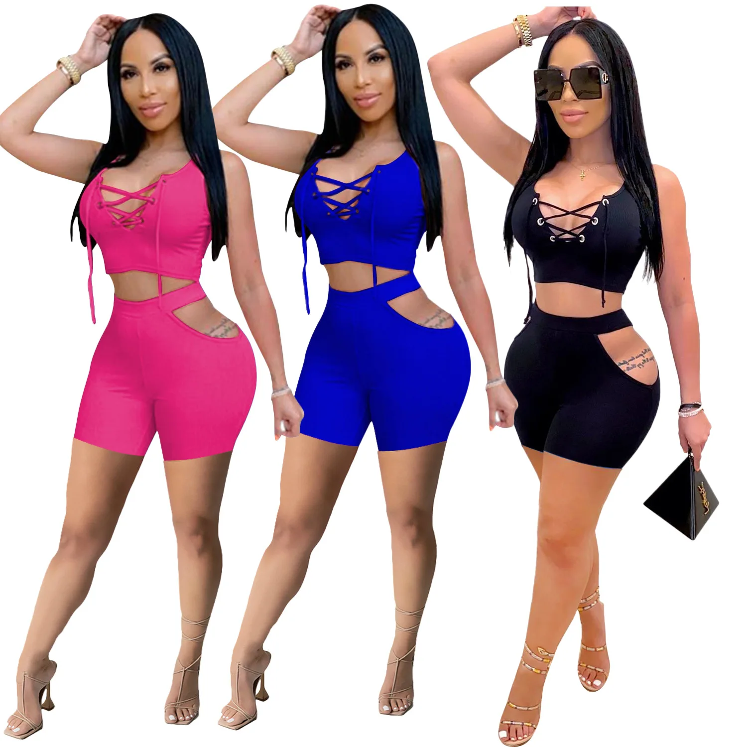 

Summer 2022 Fashion Trendy Sets Womens Clothing Crop Top Two Piece Set Clothes Sleeveless two piece short set