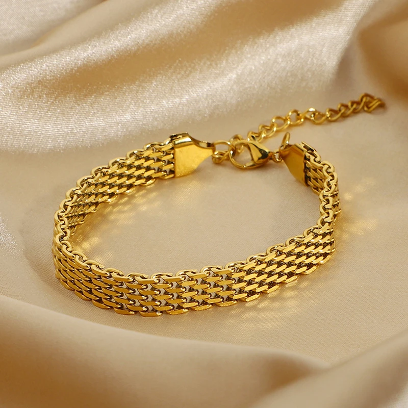 

European Retro Wide Mesh Bracelet Cuban Bracelet 18K Gold Plated Wide Stainless Steel Bracelet Bohemian Jewelry, As picture