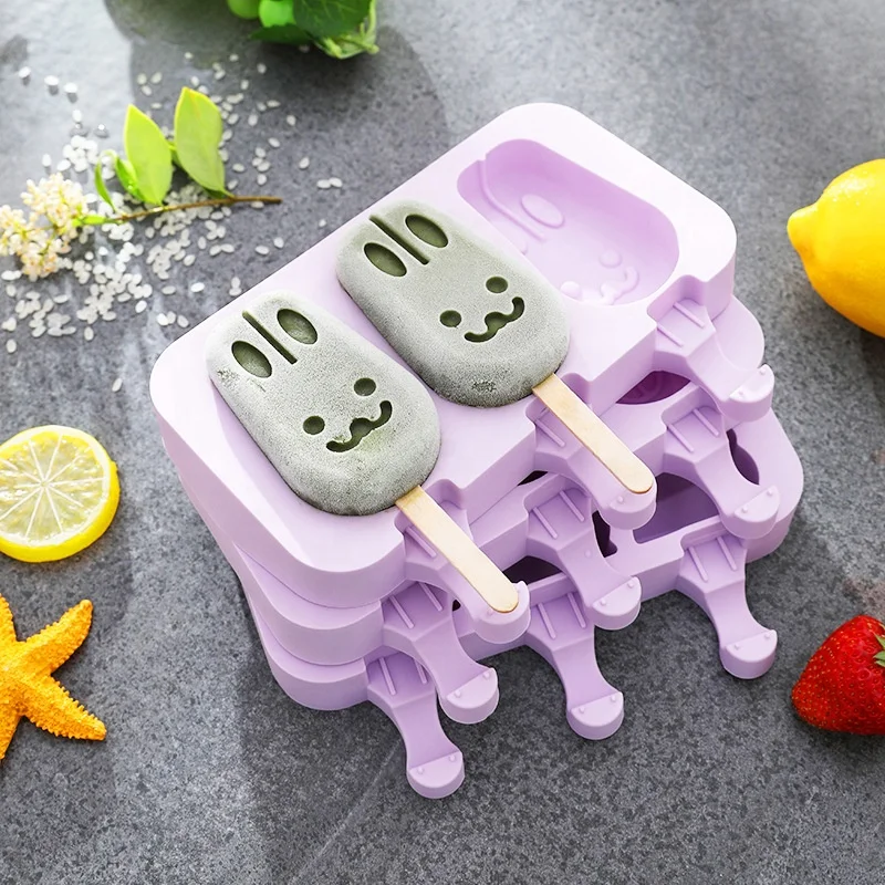 

Hot Selling DIY Cartoon Design Ester Bunny Ice Cream Popsicle Silicone Molds Tray With Cover and Wooden Sticks, Pink