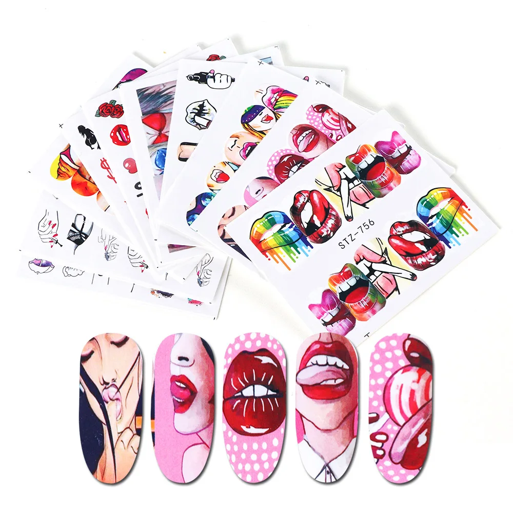 

9 Design Set Press On Nails Art Salon Professional Water Transfer Nail Art Stickers Sexy Lips Kiss Nail Decal, See picture