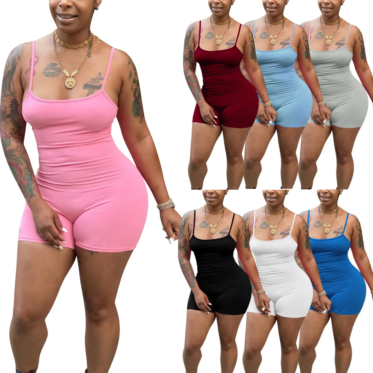 

Latest Design Good Quality Women Clothing Sling Elastic Thread Solid Color Jumpsuit Women One Piece Jumpsuits And Rompers
