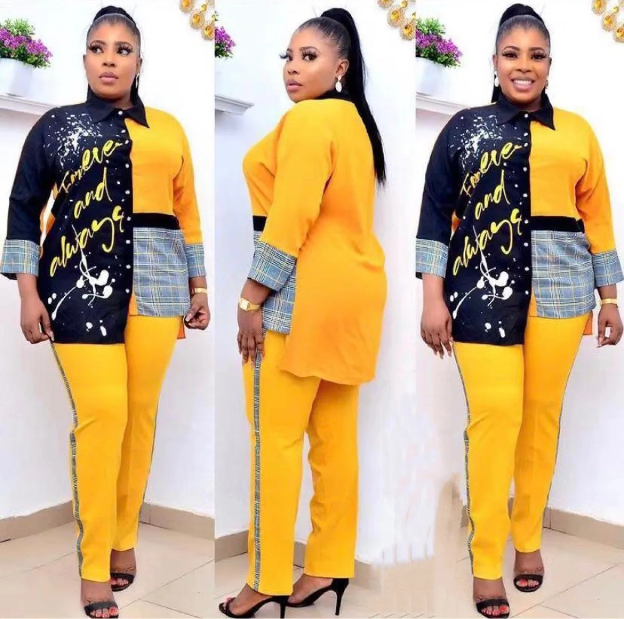 

2021 African Women Trousers Set tartan pattern shirt and Fit women's trousers & pants two piece pants set, As showed
