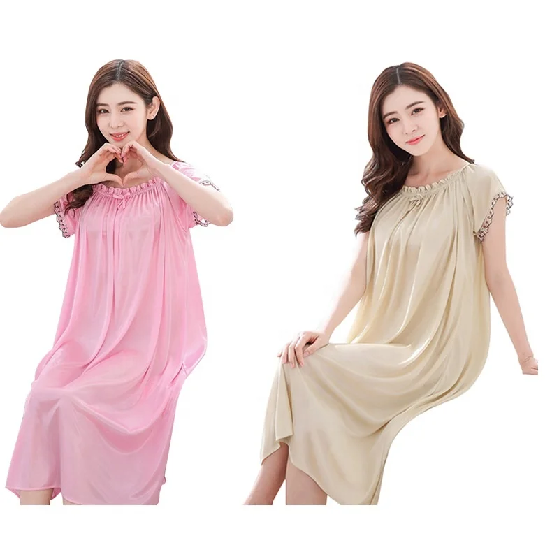 

Solid Color Short Sleeved Sleeping Wear Maxi Dress Middle Aged Woman Nightdress For Summer