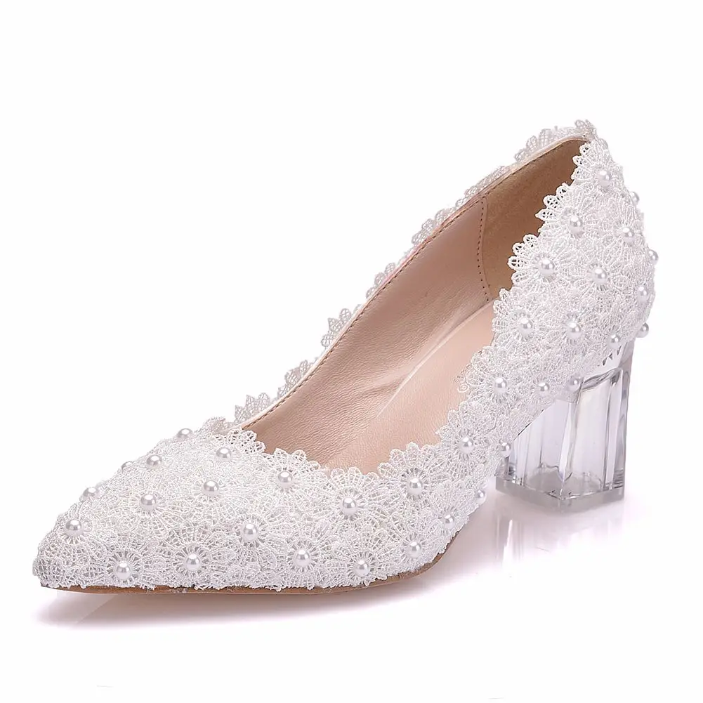 

6cm white Lace Pearl crystal hoof heel pointed toe wedding dress party pumps shoes women Silk Satin high heels bridal shoes