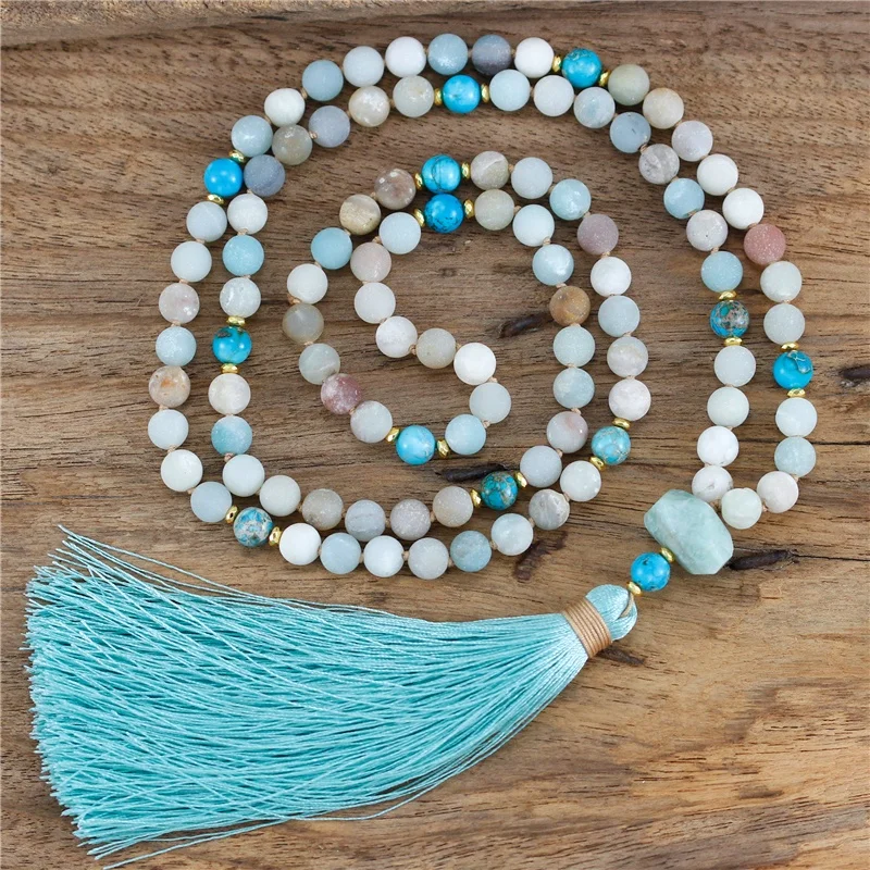 

Chic Handmade Gemstone 108 Mala Amazonite Beads Long Tassel Necklace Bohemian Meditation Knot Jewelry Yoga Gifts Wholesale