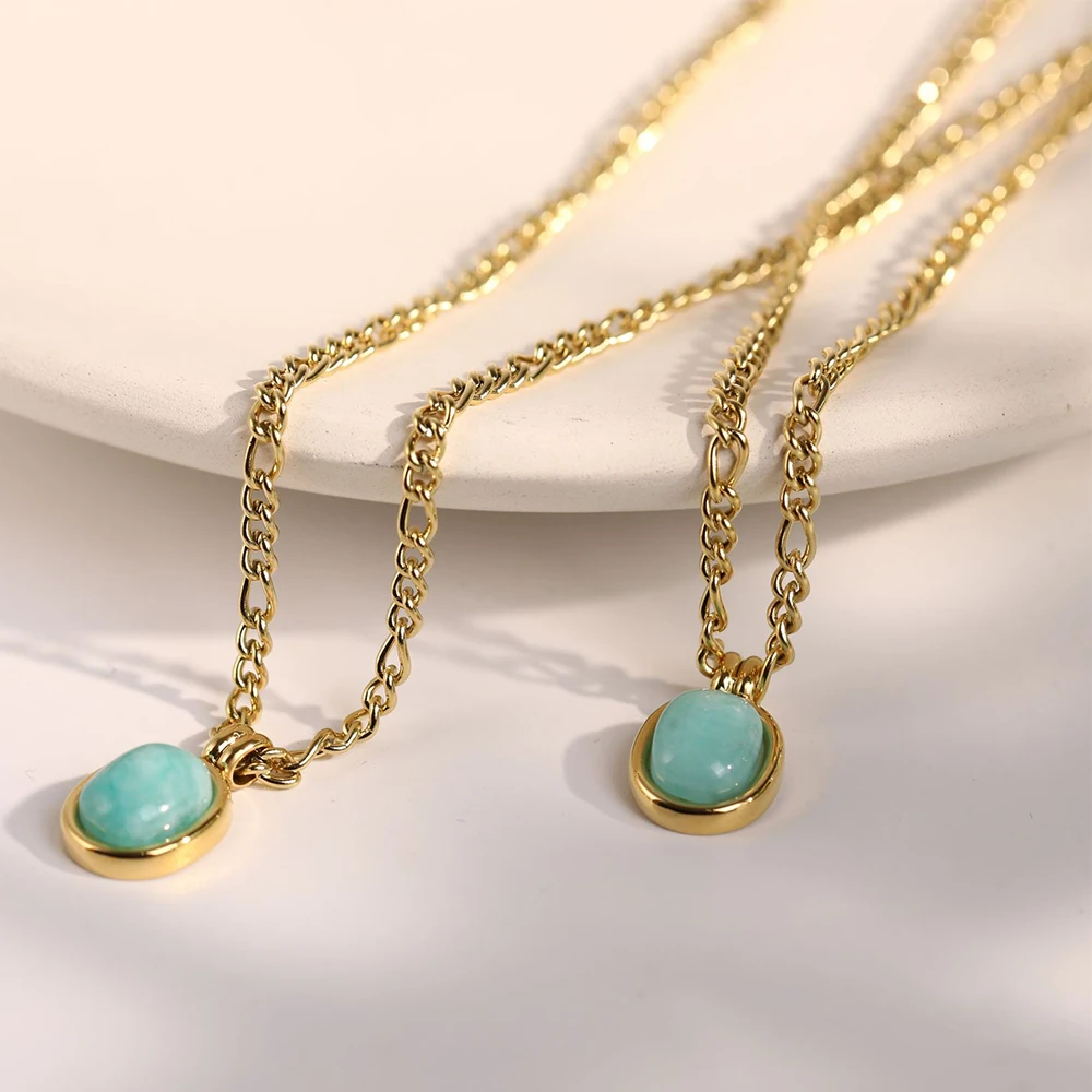 

INS Rome Natural Stone Green Oval Choker Stainless Steel 18K Gold Plating Natural Crystal Amazonite Necklace