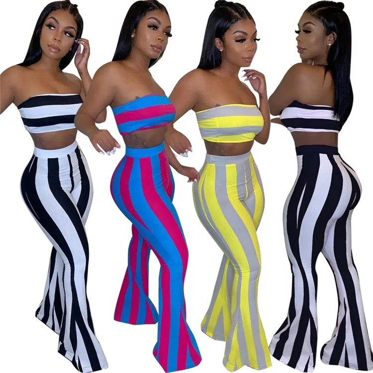 

wholesale hot strapless tube crop top high waist flared pants striped women clothing two piece set plus size, As picture show