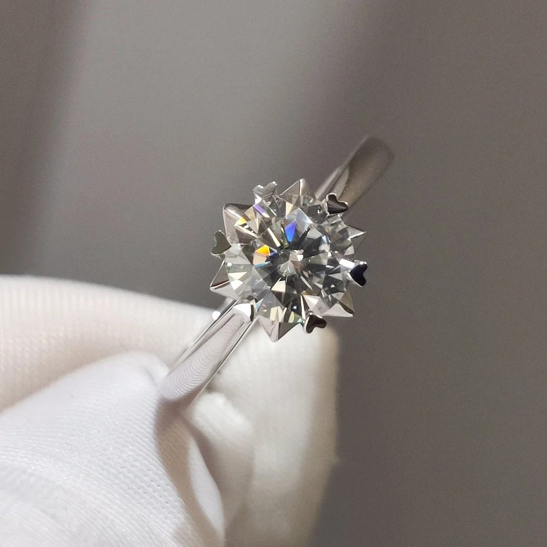 

Silver 925 Original Diamond Test Past 1-2 Carat Brilliant Cut D Color Moissanite Snowflake Ring Sparkling Gemstone Party Jewelry