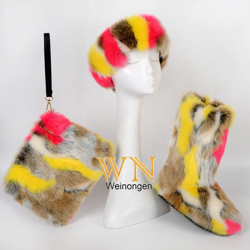 

Wholesale 2021 New women Plush headbands bag boots sets winter warm boots 3 pieces ladies faux fur shoes headwear handbag set, As pictures shown or custom