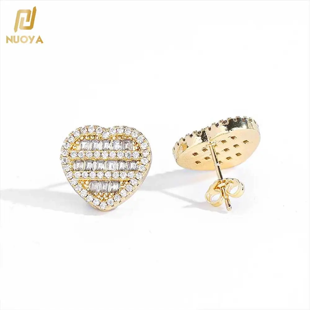 NUOYA New Arrivals Bling Love Heart Earrings Gold Plated Mixed Inlaid Iced Baguette CZ Love Studs Earrings for Women Jewelry