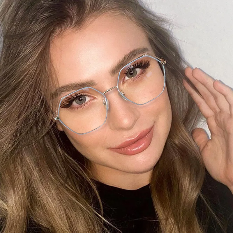 

LBAshades Polygon Anti Blue Glasses Trendy Glasses Frames Full Frame Metal Spring Leg Flat Mirror Women