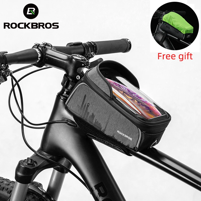 

ROCKBROS Touch Screen Waterproof Bicycle Frame Bag Cycling Top Tube Bags Front Phone Holder Case Accessories, Black