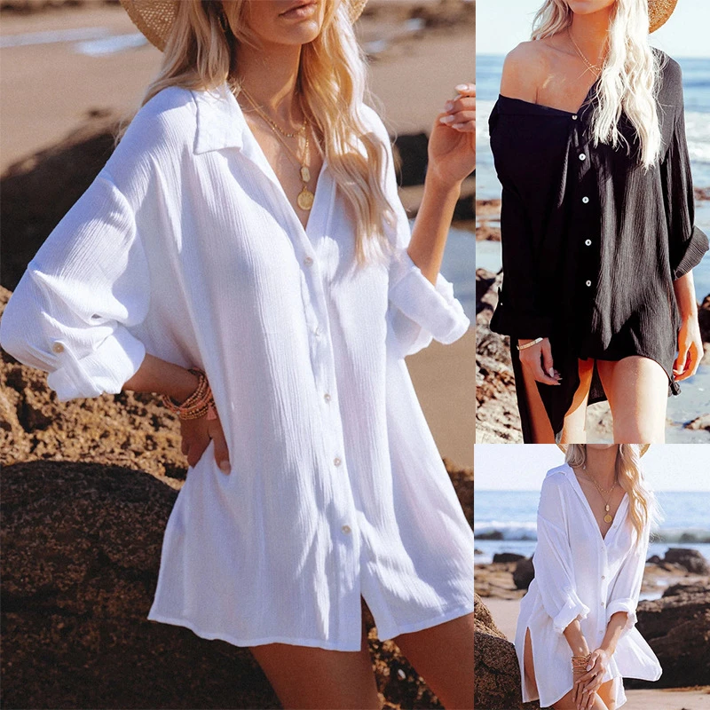 

2021 summer long-sleeved solid color shirt new women's beach blouse mid-length loose shirt
