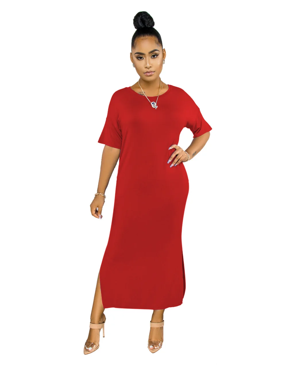 

hot style multi-color high stretch fork neck long dress sell very hot dress