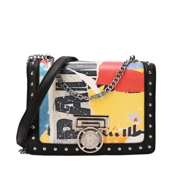 

2021Hot selling graffiti leather mini crossbody shoulder ladies hand bag luxury small purses women handbag with chain, 4colors
