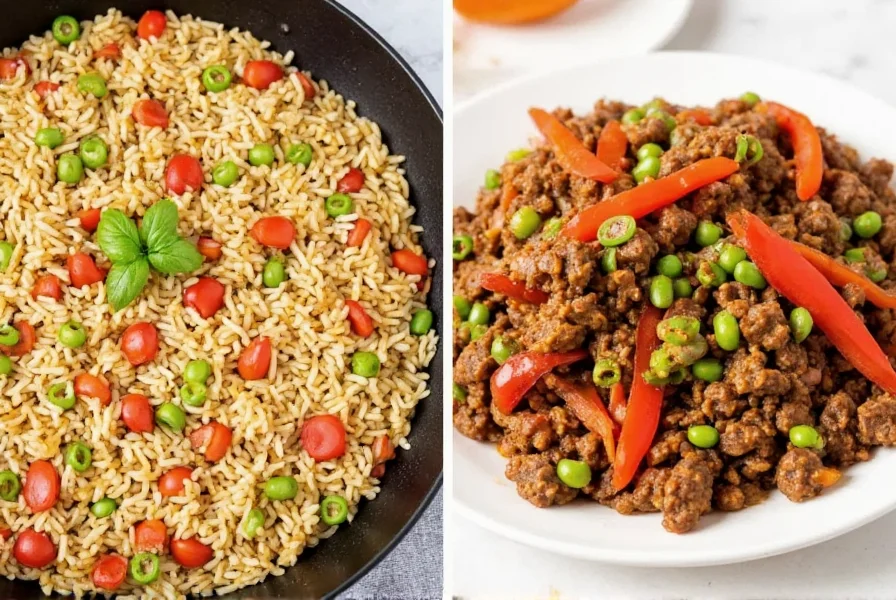 Colorful comparison of traditional beef pepper rice alongside keto and gluten-free variations on separate plates