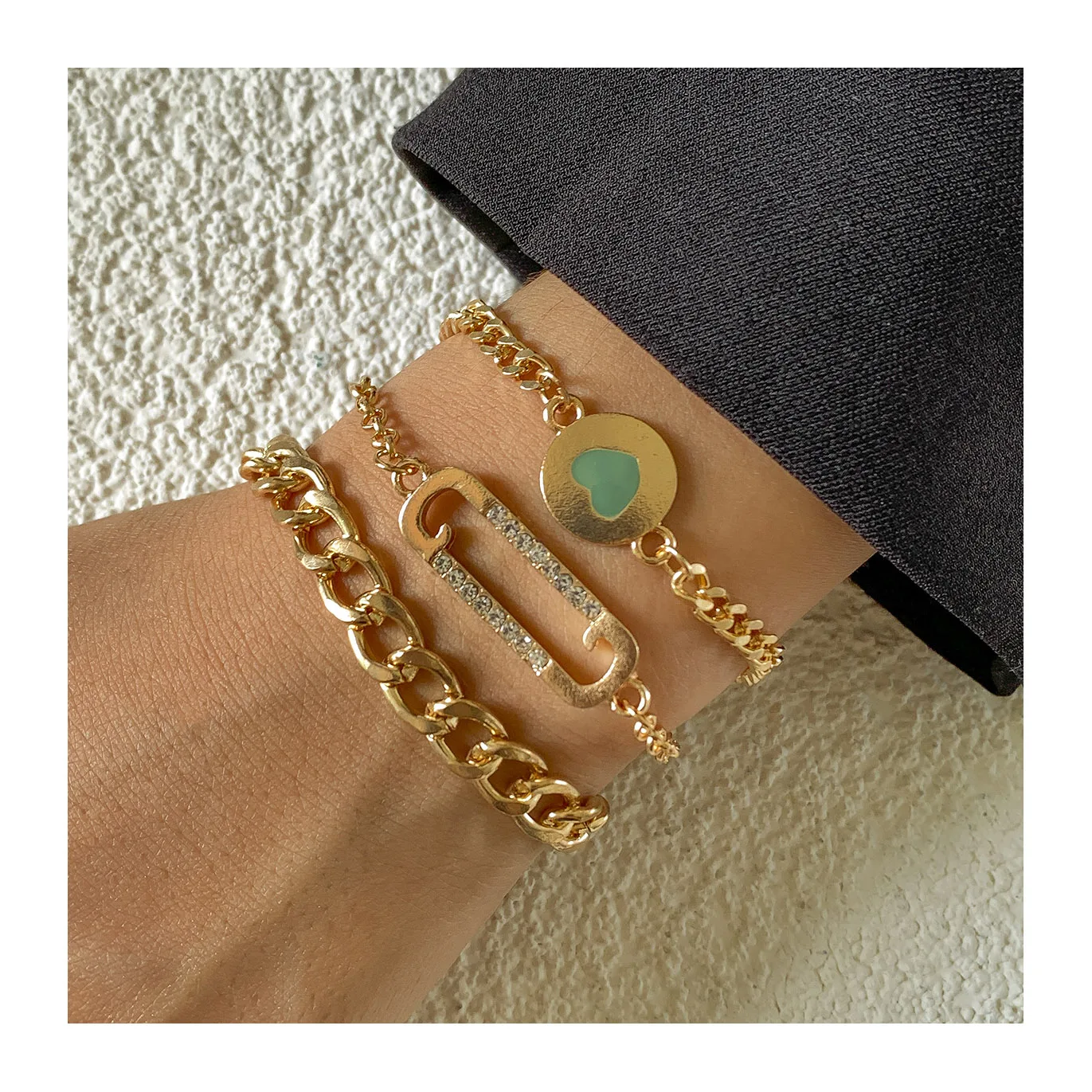 

Gold Plated Bangle 2021 Hip Hop Link Chain Bracelets Gold Heart Chain Unisex Cuban Gold Rope Bracelet 3pc/lot Ladies Bracelet