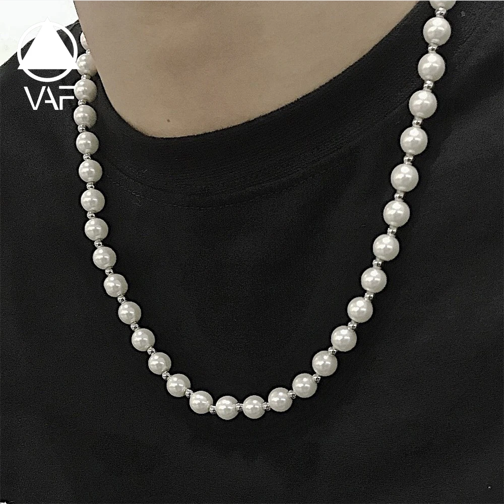 VAF Stainless Steel Glass Pearl Trendy Bead Collier En Perle Acier Inoxydable Customized Long Men Hip Hop Pearl Necklace
