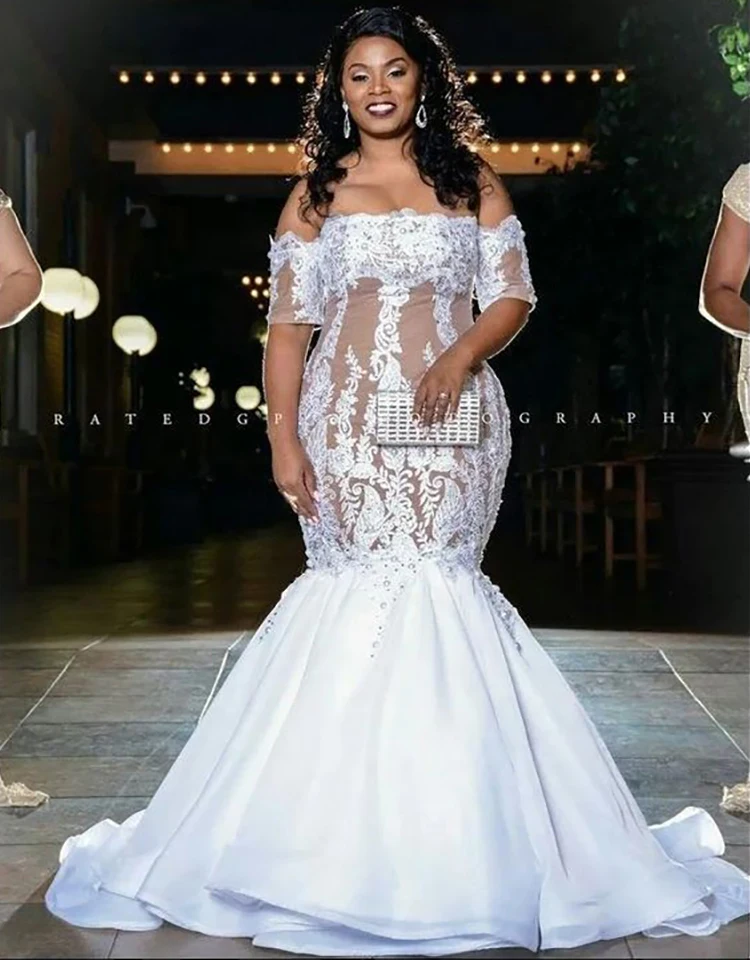 

Fashion Off Shoulder Mermaid Wedding Dresses Plus Size Beaded Wedding Gowns