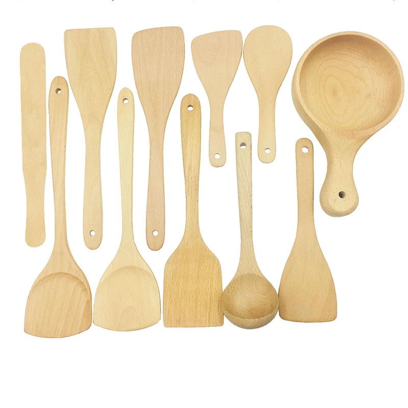 

Wholesale Multiple Varieties Beech Wood Kitchen Utensils Soup Spoon Spatula Set for Non-stick Pan Cooking, Natural beech color