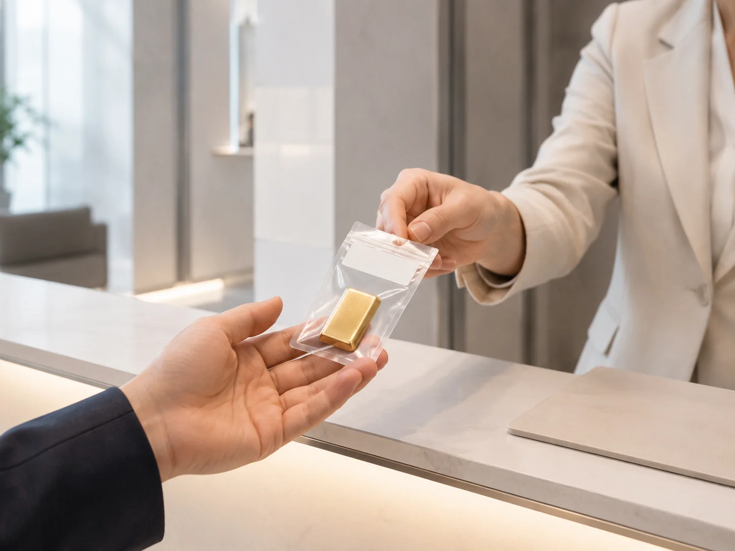 Professional handover of a sealed plain gold sample in a premium financial setting