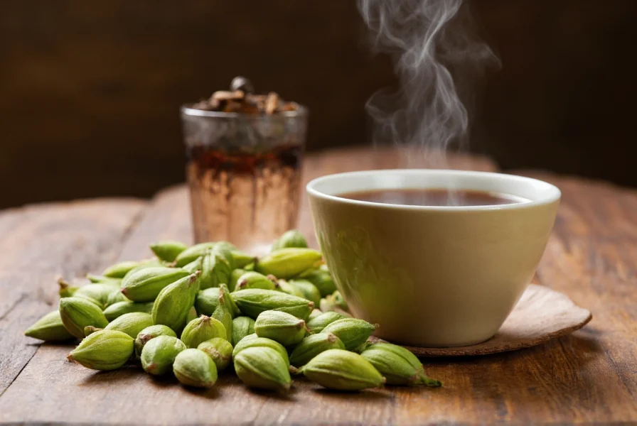 Fresh green cardamom pods next to steaming cup of cardamom tea