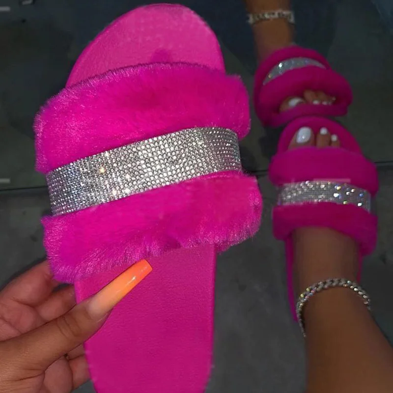 

INS Custom Wholesale Furry Ladies Slipper Flip Flop Designer Rainbow Pink Flat Slides Fluffy Kids Fuzzy Women's Fur Sandals