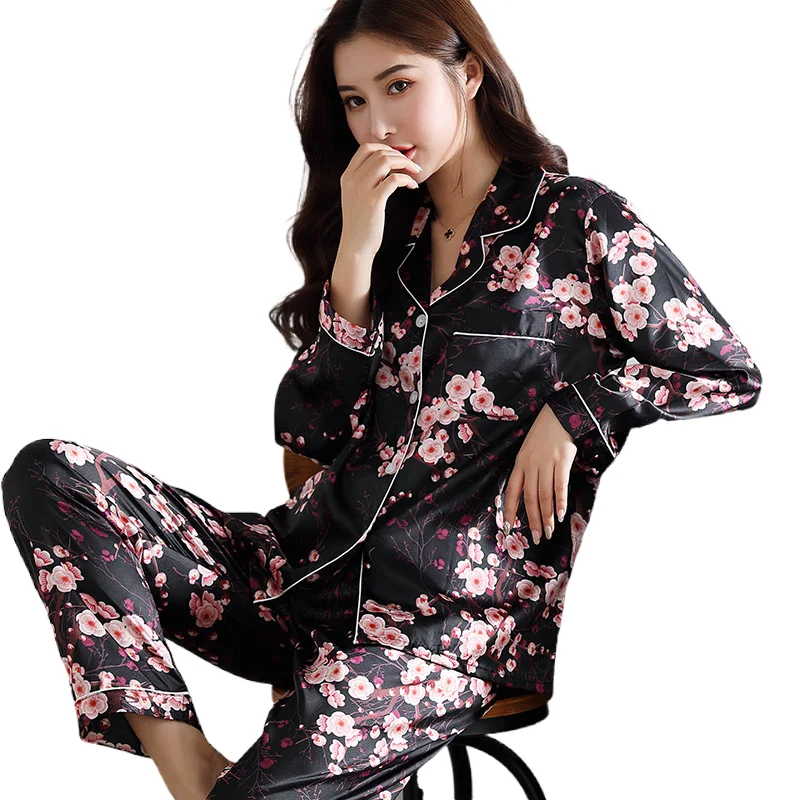 

Wholesale Women's Satin Silk Pajamas Set pyjamas Button Sleepwear Longsleeve Nightwear 2 Piece Sets Plus Size Ladies Homewear, As show