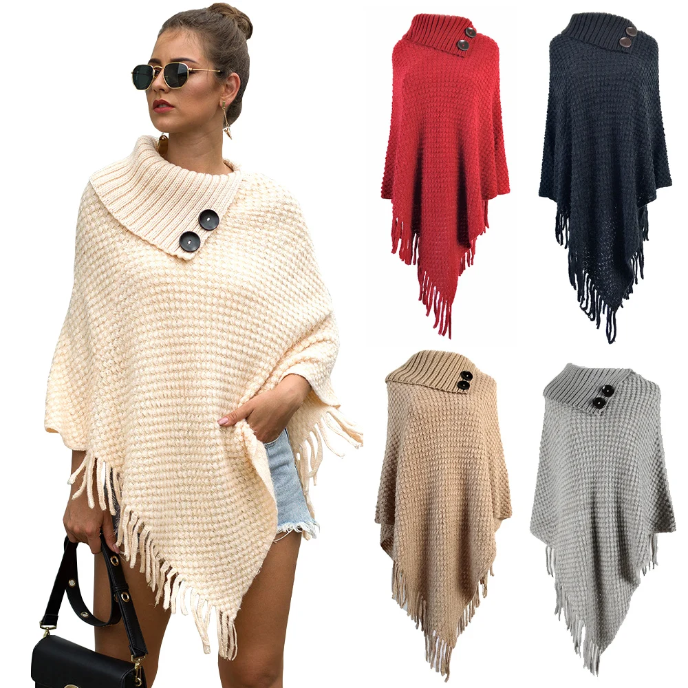 

2021 Women Fashion Tassel Loose Turn-down Collar Poncho Cape Shawls Batwing Knit Sweater Cloak With Button