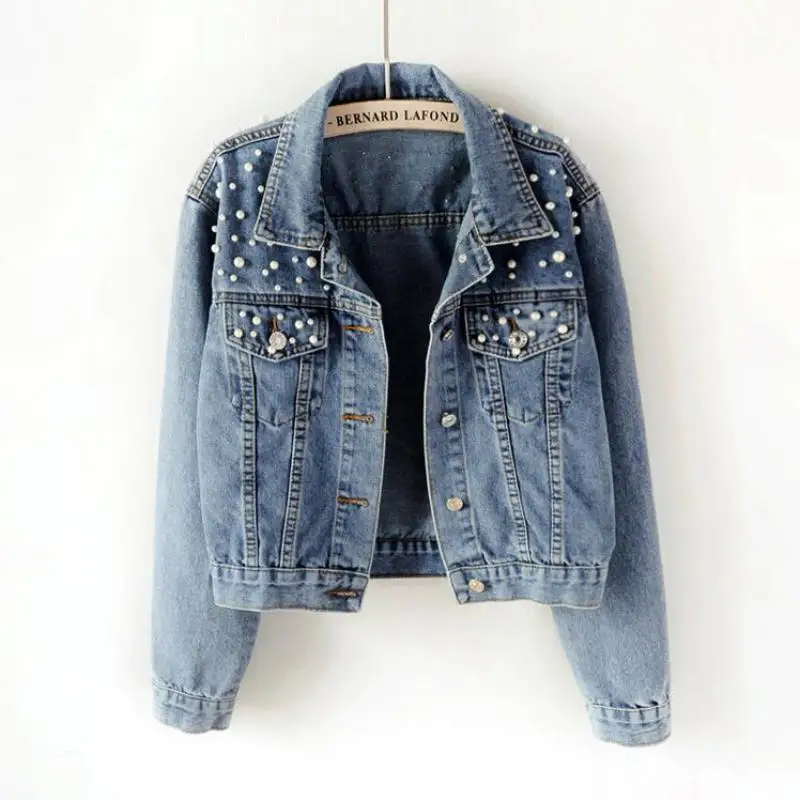 

Women Light Blue Pearl Beading Slim Denim Jackets Korean Fashion Streetwear Pearl Jeans Coat Spring Outfit, Blue black