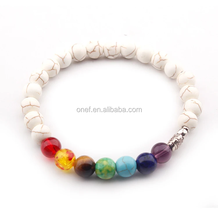 Free Shipping White Crystal Beaded Stretchy Turquoise Howlite Bangle 7 Chakra Elephant Bracelet With Logo.jpg