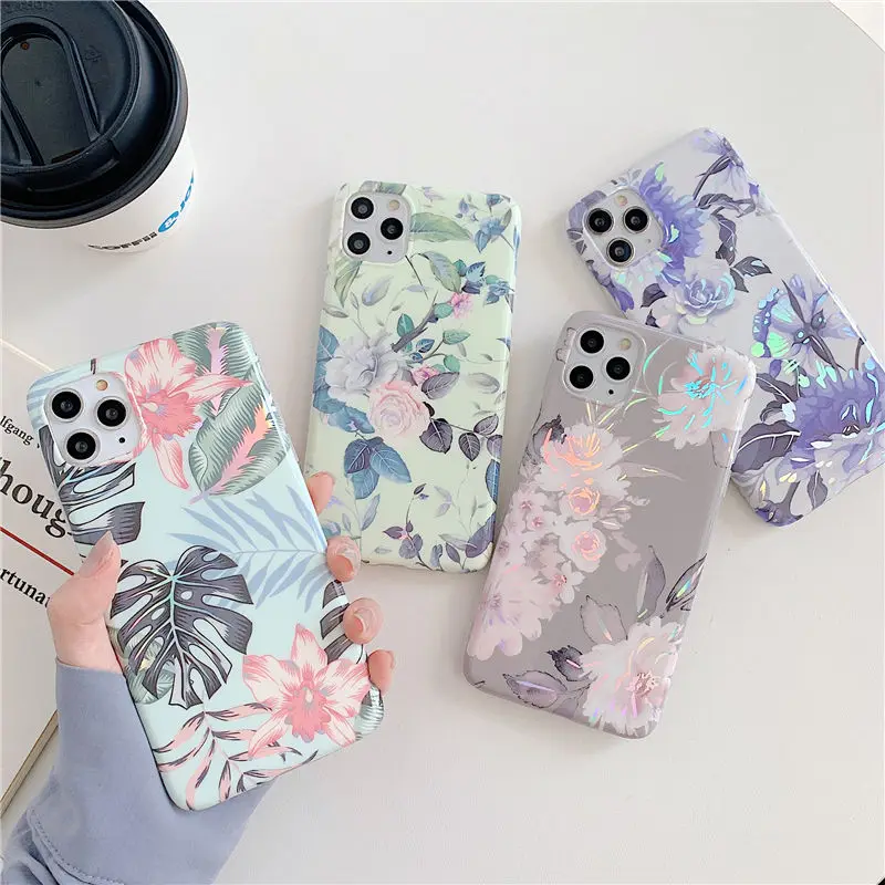 

Vintage Laser Flower Phone Case For iPhone 11 11Pro Max XR XS Max X 7 8 Plus Retro Leaves Back Cover