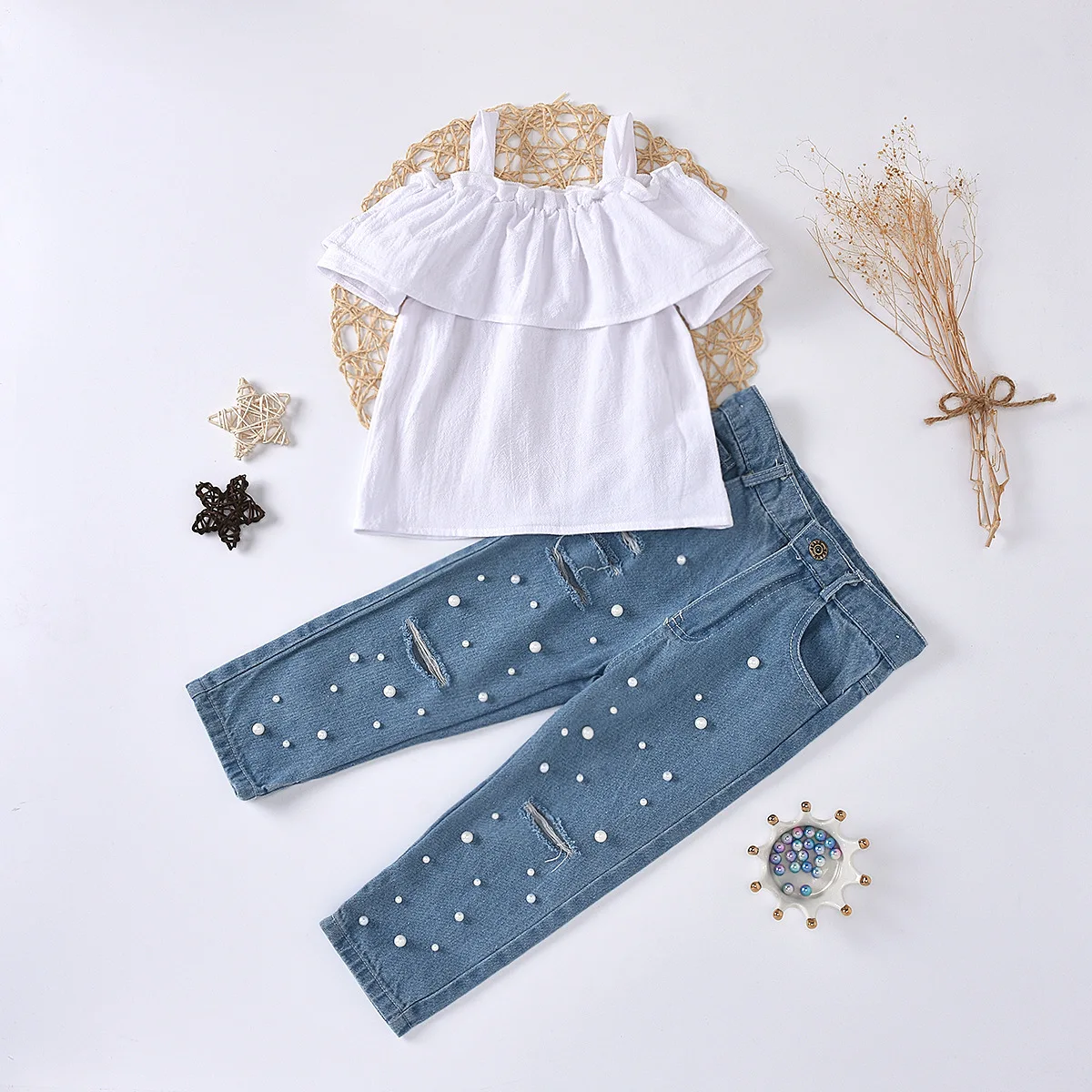 

1454 Summer Fashion Toddler Baby Girls Clothes Off Shoulder Ruffled Tops+Denim Pants Jeans 2pcs Children Outfits Clothing Set