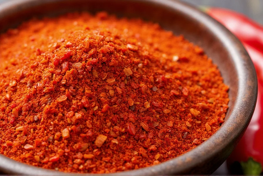 Close-up view of vibrant red Korean chili flakes (gochugaru) in a traditional ceramic bowl with fresh Korean chili peppers beside it