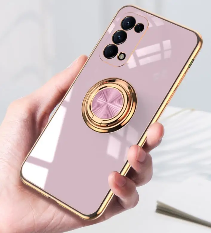 

Magnetic Car Candy Fundas Ring Stand Soft Silicone Back Cover For Oppo Reno 5 6 Pro+ Electroplating Soft Silicone Phone Case, As picture shows